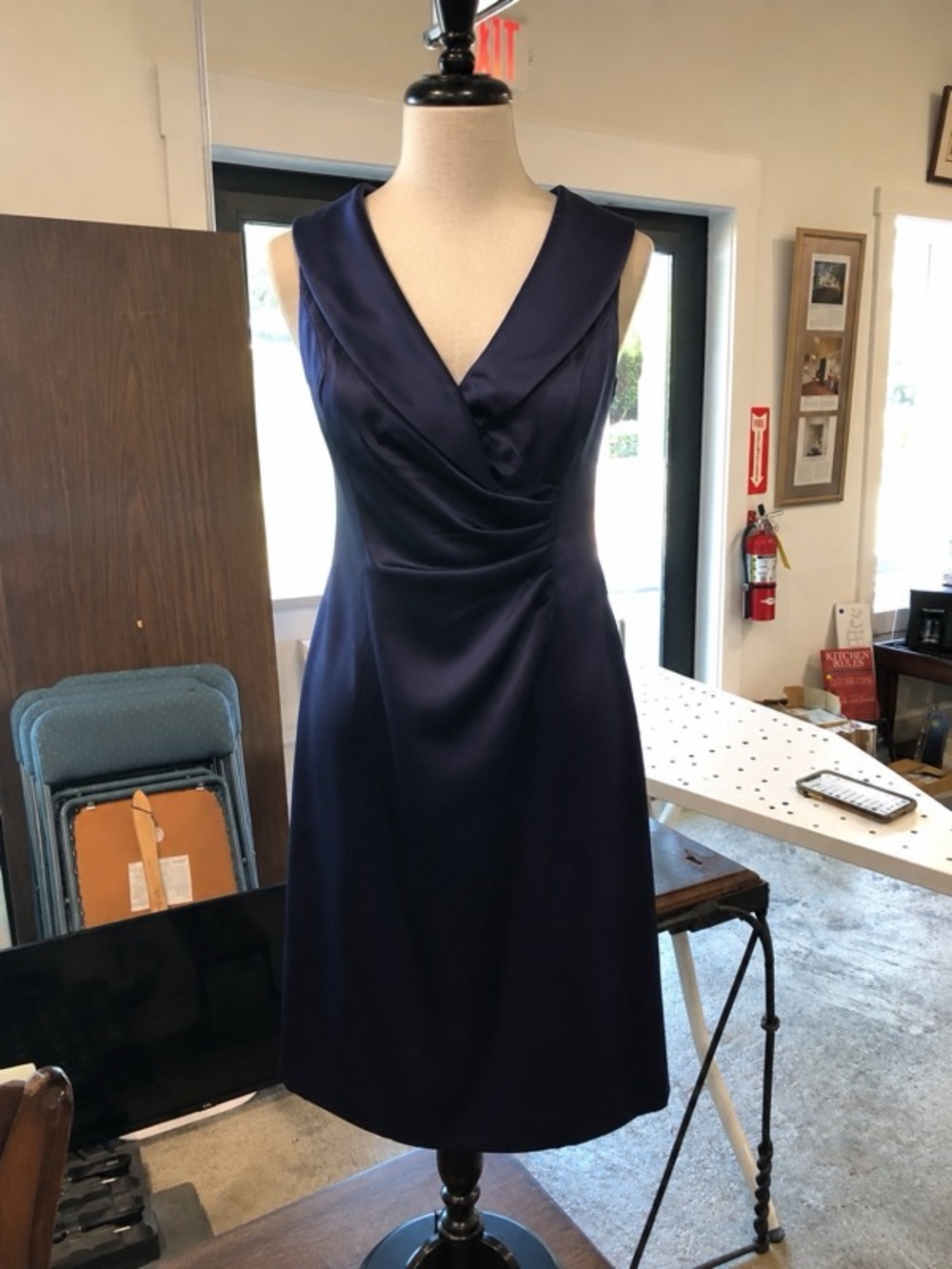 Jones Wear Navy Satin Sleeveless Midi Dress